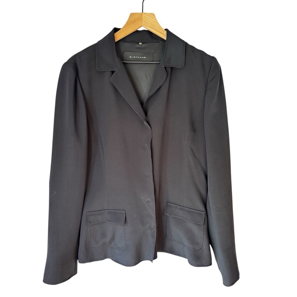 Elie Tahari Women’s Black Preppy Hidden Snap Contrast Stitch Blazer Size 10